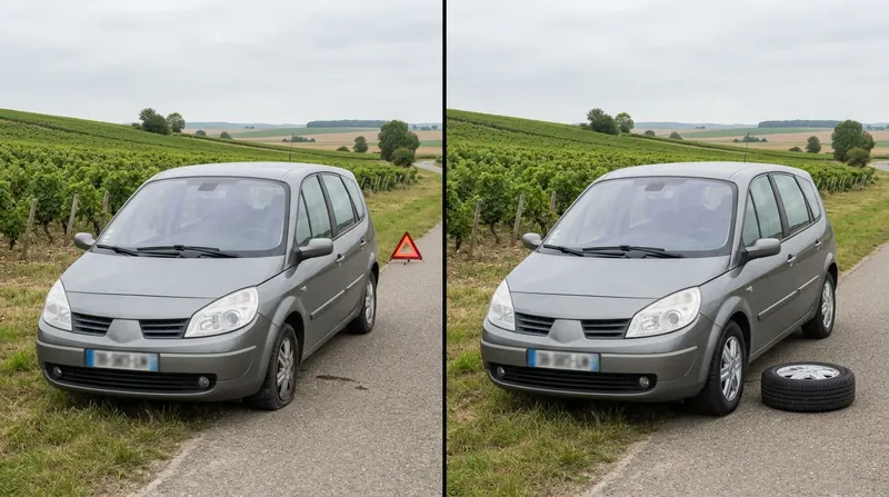 Dépannage auto : monospace avec un pneu crevé sur le bas-côté, puis la roue changée au même endroit