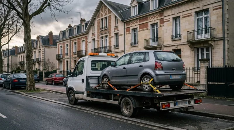 Dépannage auto à Reims : dépanneuse plateau à l'arrêt sur un boulevard, une berline grise sanglée sur le plateau