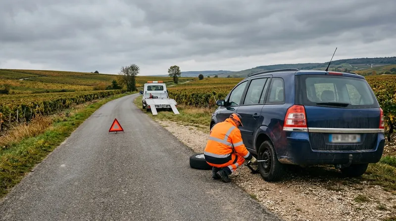 Dépannage auto près de Reims : changement de roue d'un monospace sur le bas-côté, triangle de signalisation posé