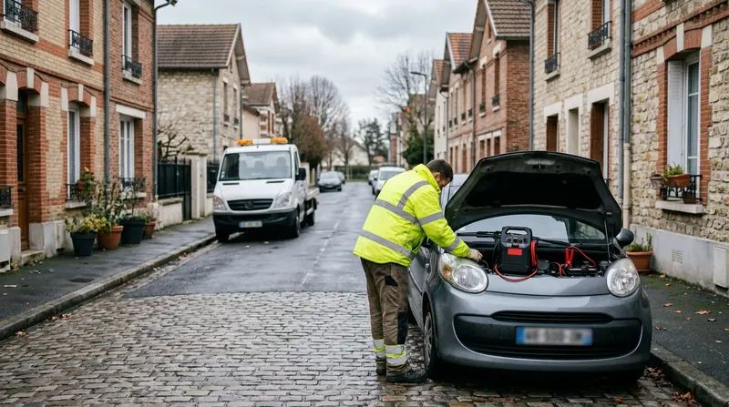 Dépannage batterie à Reims : booster de démarrage branché sous le capot ouvert d'une citadine