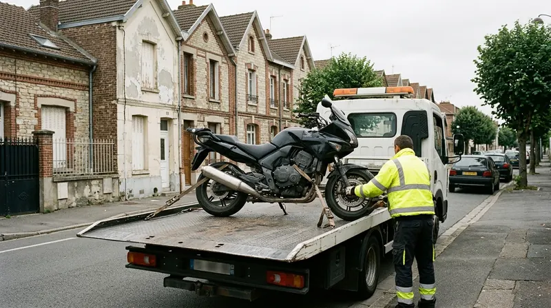 Remorquage de moto à Reims : moto sanglée sur le plateau d'une dépanneuse dans une rue résidentielle