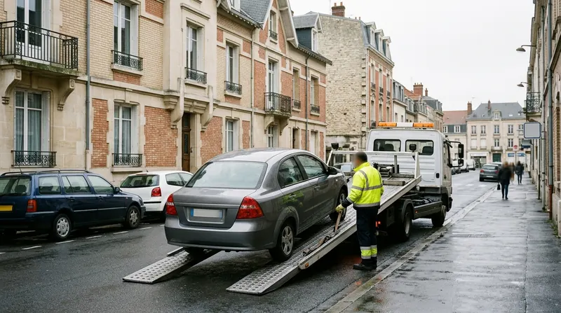 Remorquage de voiture à Reims : berline grise chargée sur une dépanneuse plateau dans une rue du centre-ville